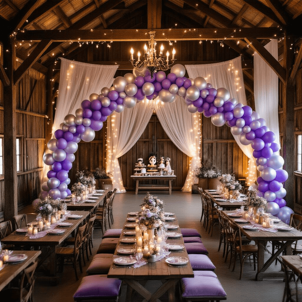 Disney Balloons: The Ultimate Guide to Magical Party Decor Overhead view of a rustic barn venue decorated for an evening event, featuring DIY Disney Princess balloon garlands in lavender and silver, wooden tables with velvet seating, mason jar centerpieces, custom balloon arches around a dessert cart, and fairy lights intertwined with character-shaped foil balloons against weathered wood beams and sheer drapery.