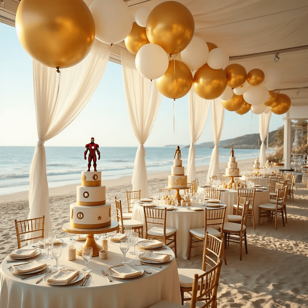 Disney Balloons: The Ultimate Guide to Magical Party Decor A wide shot of a beachfront venue at midday adorned with gold and ivory Marvel superhero balloon installations, tiered cake stands, and dessert carts, surrounded by elegantly arranged round tables with silk linens and glassware, as the ocean breeze moves sheer balloon ribbons and natural sunlight casts playful shadows on the sand.