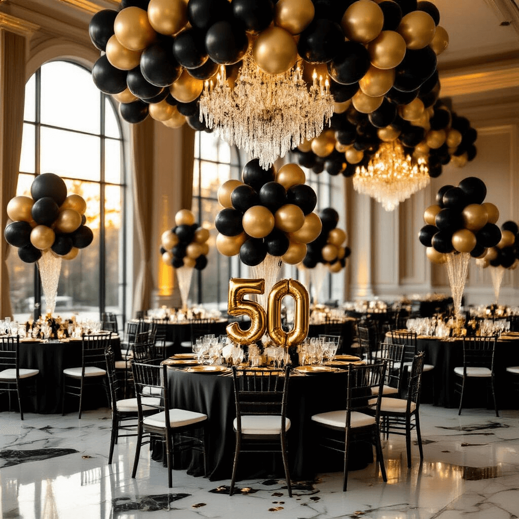 Elevate Your 50th Birthday Bash with Stunning Balloon Decor Luxurious indoor ballroom decorated for a 50th birthday celebration, featuring elegant black and gold balloon arrangements, round tables with silk ivory linens and gold charger plates, towering '50' centerpieces, and warm amber lighting reflecting off marble floors.