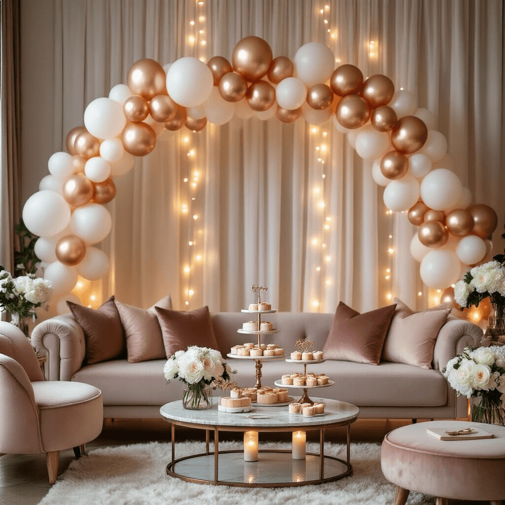 Elevate Your 50th Birthday Bash with Stunning Balloon Decor Intimate modern apartment living room decorated for a 50th birthday, featuring a rose gold and white balloon garland, marble-topped dessert cart, glass coffee table with tiered cake stands, low seating with velvet blush cushions, and soft fairy lights, all creating a romantic ambiance with sheer drapery and fresh white peonies.