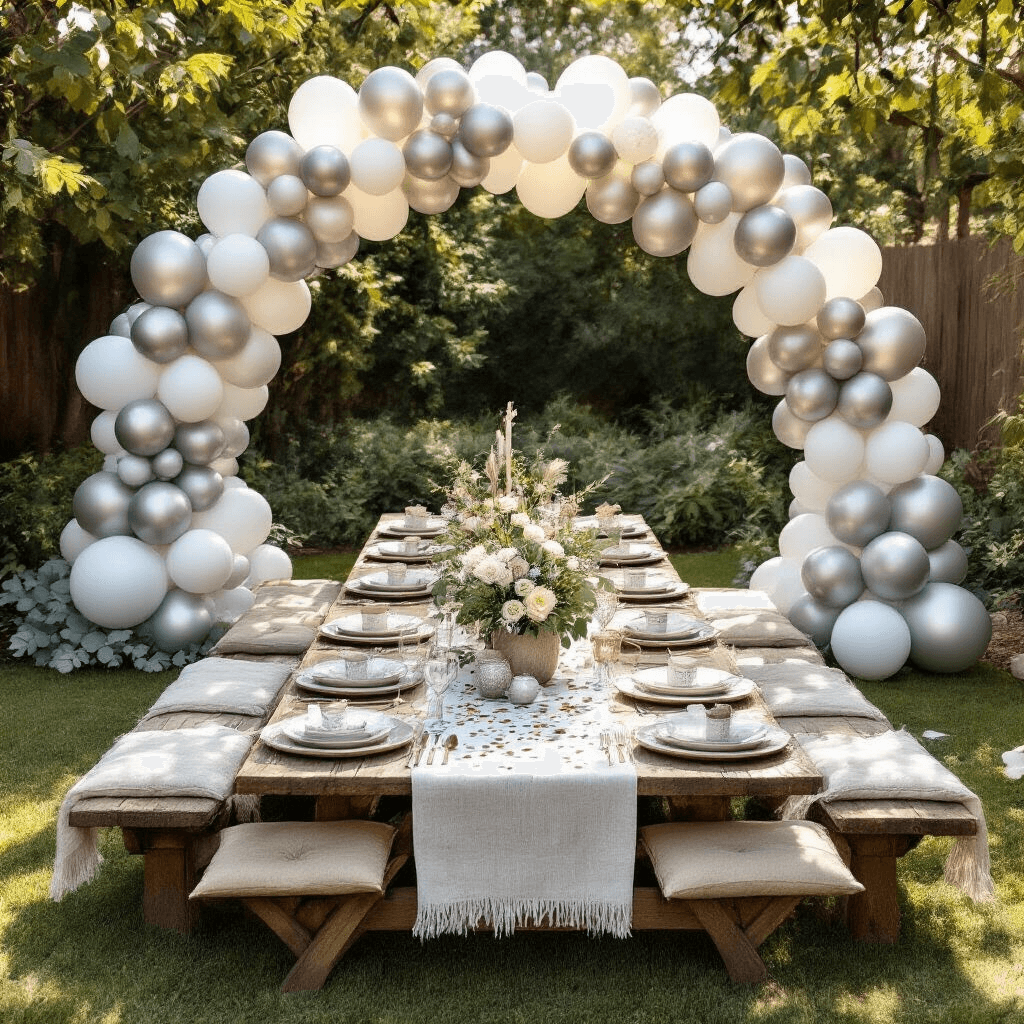 Elevate Your 50th Birthday Bash with Stunning Balloon Decor Overhead view of a stylish backyard garden party for a 50th birthday featuring a silver and white balloon arch over rustic picnic tables, confetti balloons, eucalyptus garland, and elegant dinnerware under midday sunlight.