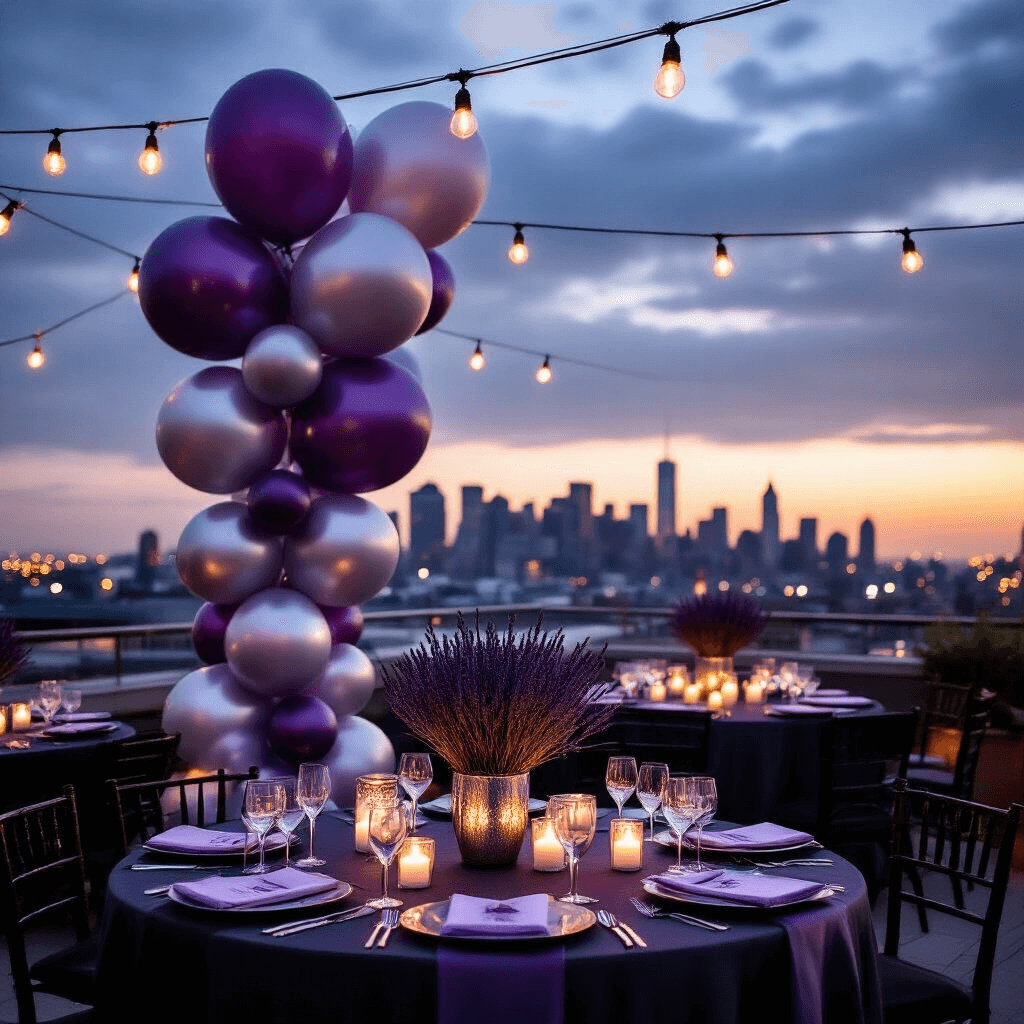 Elevate Your 50th Birthday Bash with Stunning Balloon Decor An elegant rooftop terrace setup for a 50th birthday, featuring a moody wide-angle view of lavender and silver balloon installations against a city skyline at dusk, with round cocktail tables adorned in silk charcoal linens, floating candles in glass hurricanes, and tiered balloon arrangements, all enhanced by fresh lavender sprigs, silver mercury glass votives, and shimmering string lights overhead.