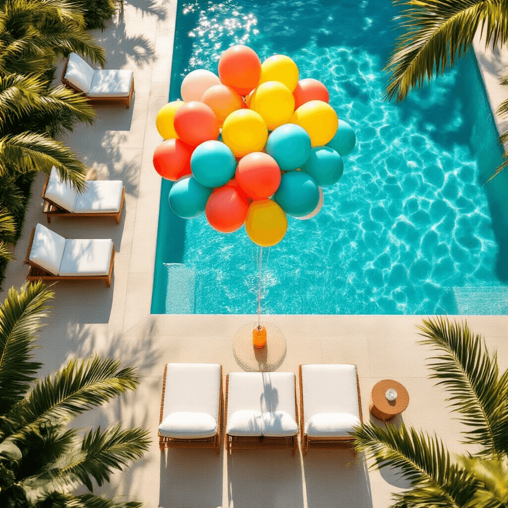Stunning Pool Balloon Decor: The Ultimate Guide to Magical Poolside Styling Overhead wide-angle view of a turquoise pool adorned with colorful balloon clusters in coral, sunshine yellow, and ocean blue, surrounded by modern furniture and lush palm plants, illuminated by golden hour sunlight reflecting off the water.