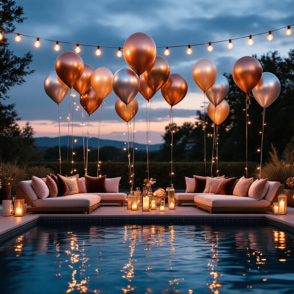 Stunning Pool Balloon Decor: The Ultimate Guide to Magical Poolside Styling Moody evening pool party featuring metallic balloon arrangements in gold, silver, and rose gold above dark water, elegant jewel-toned lounge furniture with velvet cushions, magical string lights overhead, and warm candlelight accents creating an intimate and luxurious atmosphere.