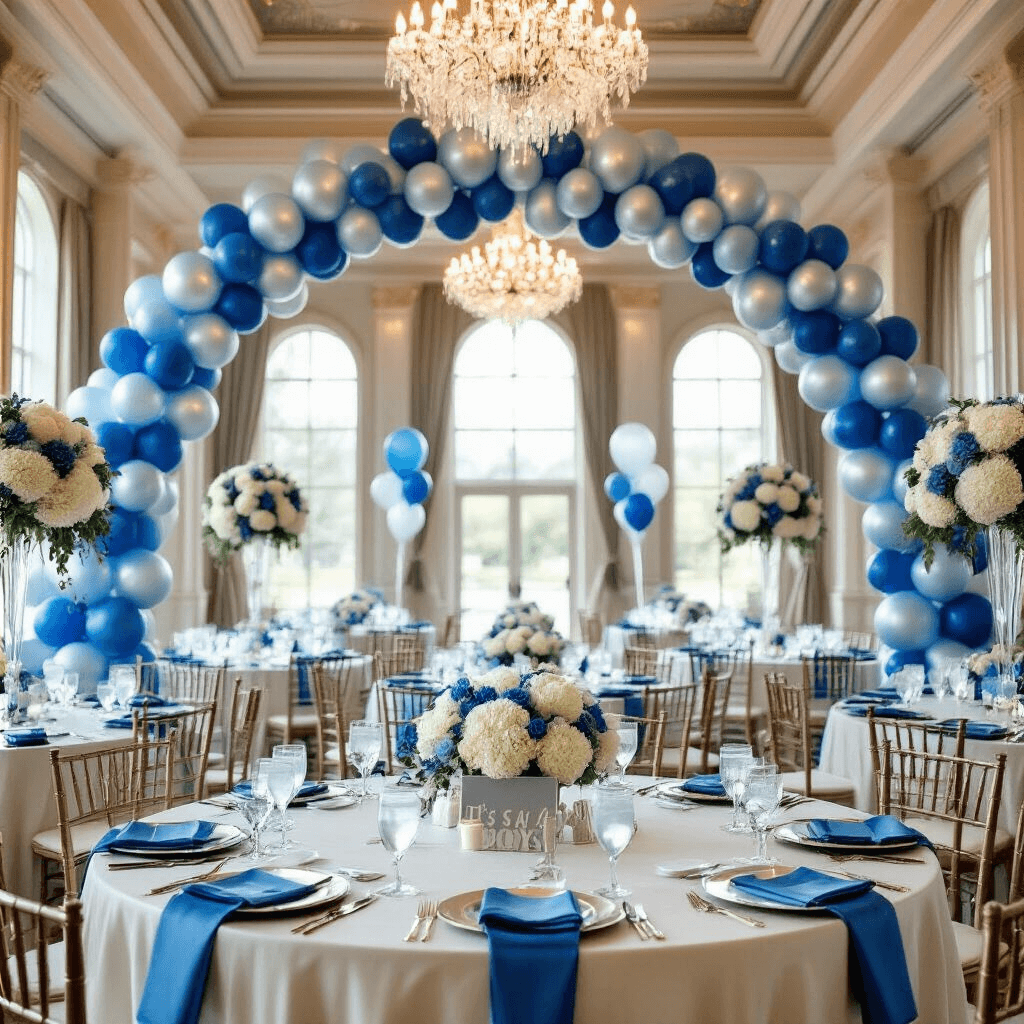 Celebrating New Life: The Ultimate Guide to "It's a Boy" Balloon Decor Elegant indoor ballroom with soaring ceilings and crystal chandeliers, featuring a blue and silver balloon arch at the entrance. Round tables with ivory silk linens, baby blue napkins, and silver charger plates are adorned with fresh white hydrangeas, eucalyptus centerpieces, and 'It's a Boy' Mylar balloons, all illuminated by soft morning light streaming through tall windows.