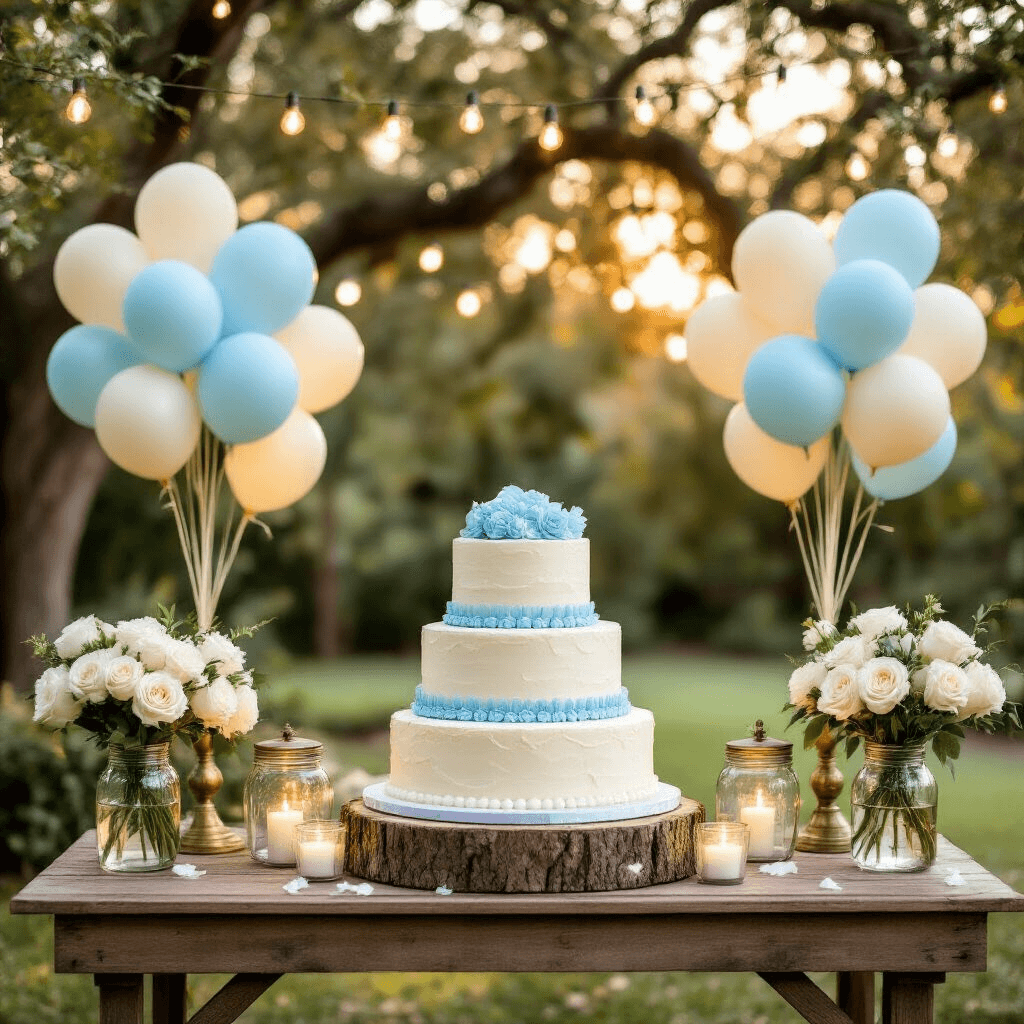 Celebrating New Life: The Ultimate Guide to "It's a Boy" Balloon Decor Intimate garden party setup at golden hour featuring a rustic wooden dessert table with a three-tiered vanilla cake adorned with blue fondant details, surrounded by baby blue and cream balloon bouquets, twinkling fairy lights in oak trees, vintage brass candlesticks, and mason jars filled with white roses, all under soft natural sunlight.