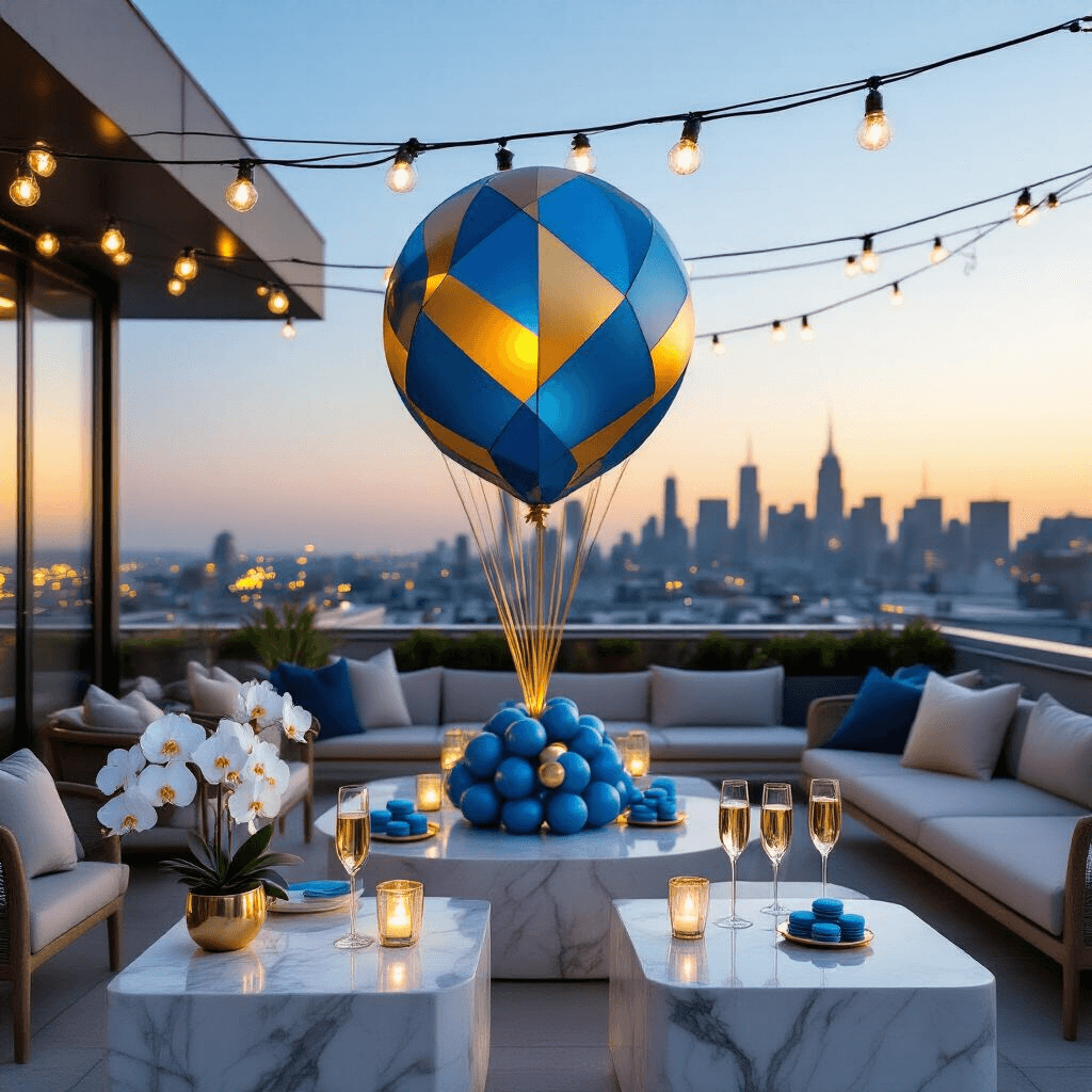 Celebrating New Life: The Ultimate Guide to "It's a Boy" Balloon Decor A modern rooftop terrace at dusk featuring a blue and gold balloon sculpture centerpiece, acrylic furniture reflecting string lights, marble side tables with champagne flutes and blue macarons, and a softly glowing city skyline in the background, enhanced by fairy lights and minimalist white orchids.