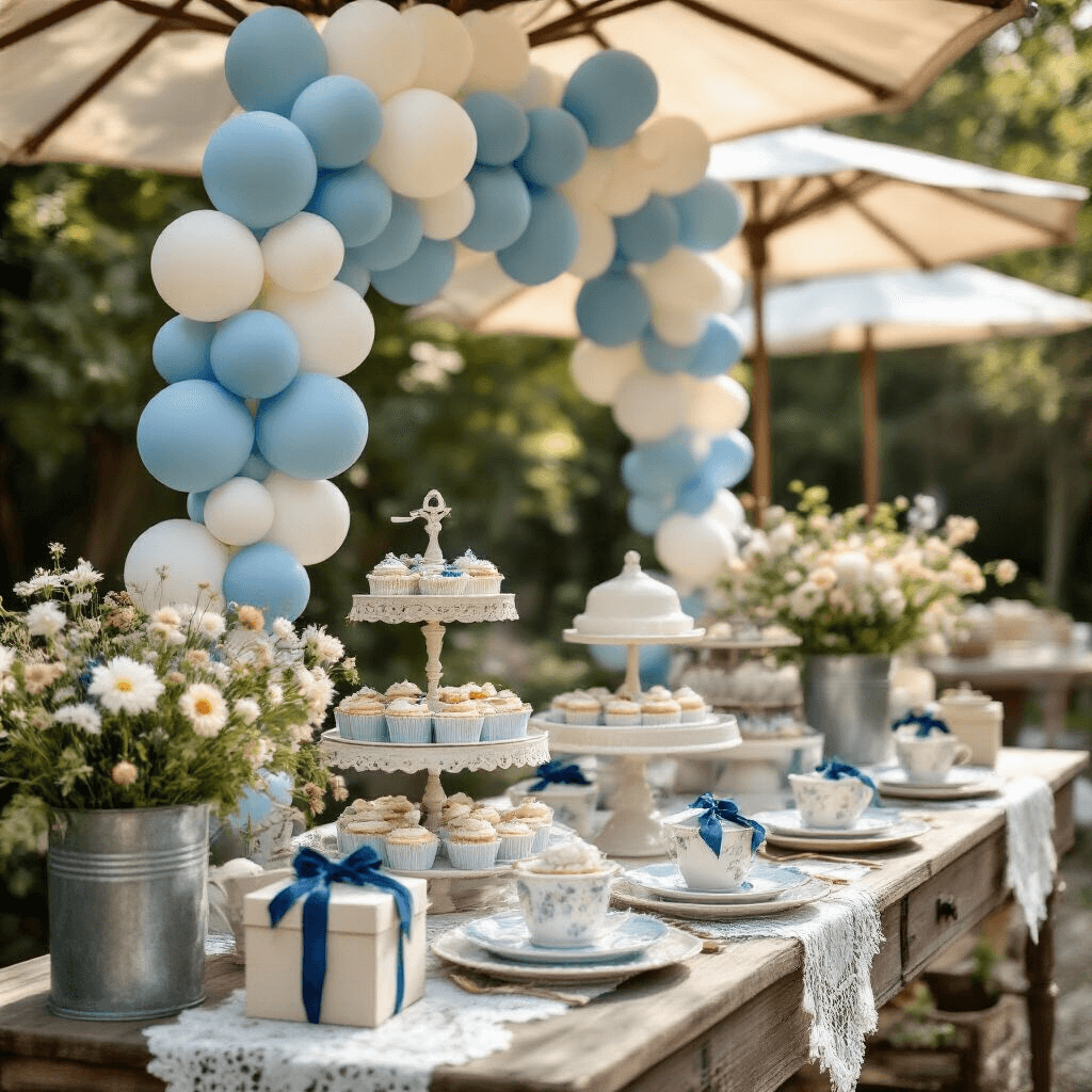 Celebrating New Life: The Ultimate Guide to "It's a Boy" Balloon Decor Close-up of a whimsical backyard celebration with a vintage dessert cart adorned with dusty blue and ivory balloon garlands, rustic wood elements, lace table runners, and ceramic serving pieces, all illuminated by soft afternoon light filtering through market umbrellas. Personalized favor boxes tied with blue velvet ribbons and wildflower arrangements in galvanized buckets complete the nostalgic scene, enhanced by vintage storybook props.