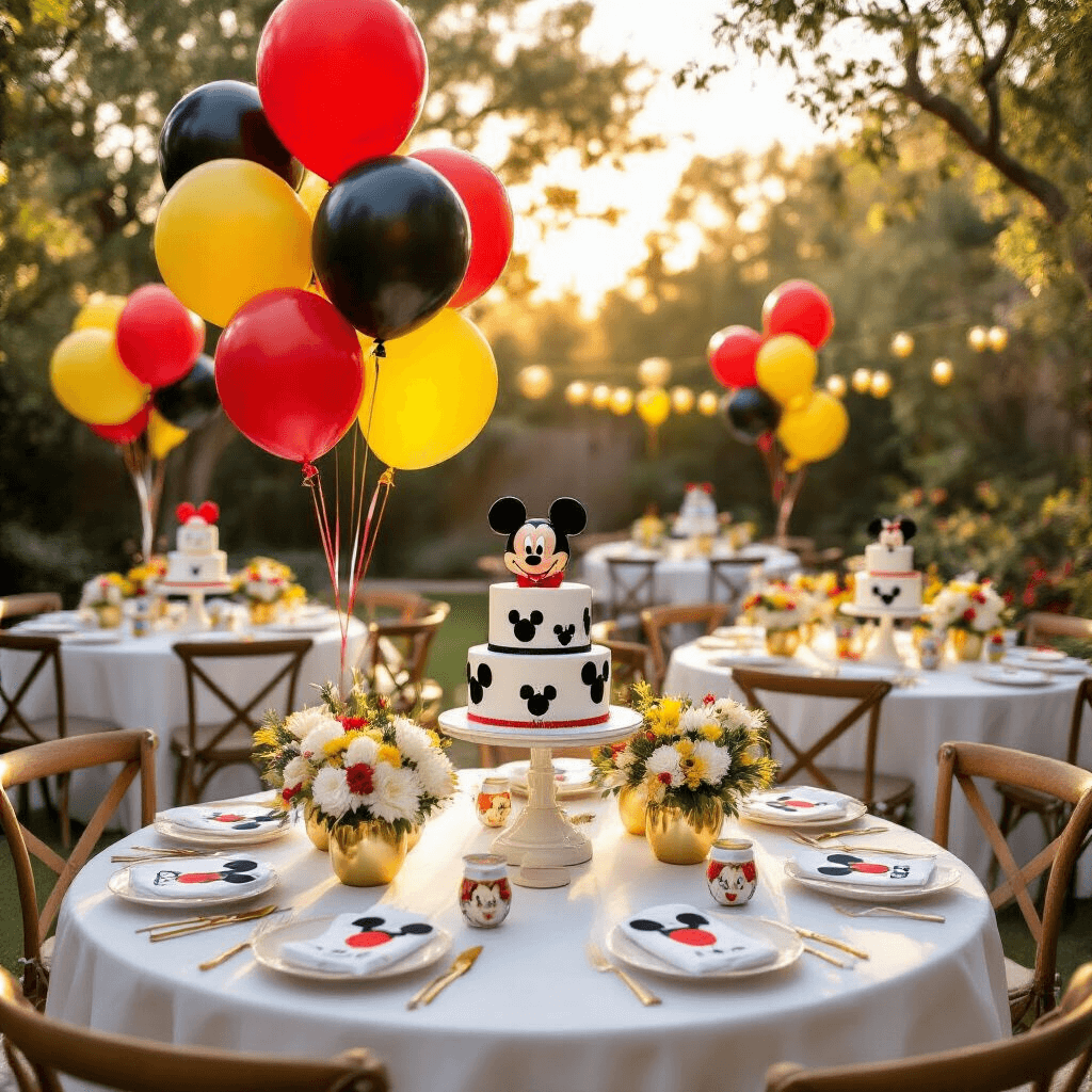 Mickey Mouse Balloons: The Ultimate Party Decoration Guide Wide-angle shot of a stylish backyard Disney birthday party at golden hour, featuring round tables with white linens, Mickey Mouse balloons in red, yellow, and black, metallic gold weights, foil character balloons, fresh white florals, and tiered Mickey-themed cakes on marble stands, all bathed in warm sunlight.