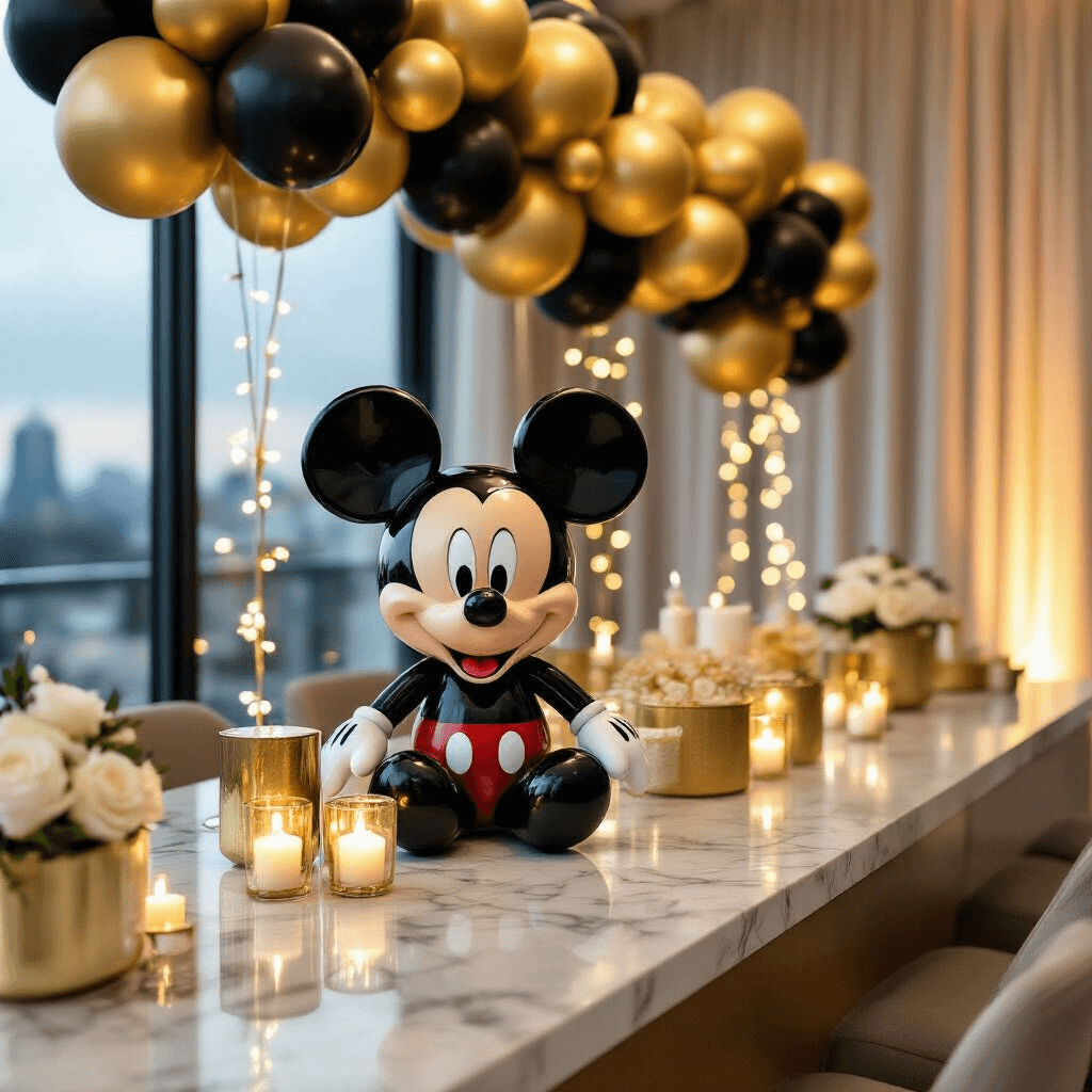 Mickey Mouse Balloons: The Ultimate Party Decoration Guide Close-up detail of a luxury Mickey Mouse corporate event featuring gold and ivory decor, sophisticated black balloon sculptures, elegant centerpieces on marble countertops, candlelight and fairy lights, metallic accents, and sheer drapery backdrop.