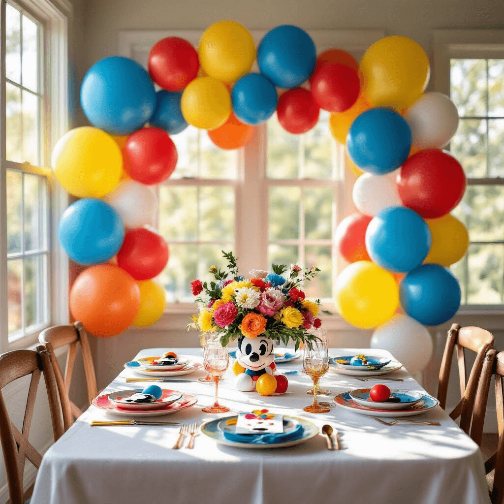 Mickey Mouse Balloons: The Ultimate Party Decoration Guide Flat lay of a Disney-themed dining nook for a Mickey Mouse party, featuring bold primary colors, white linens, balloon sculptures, and floral centerpieces, all illuminated by soft morning light.