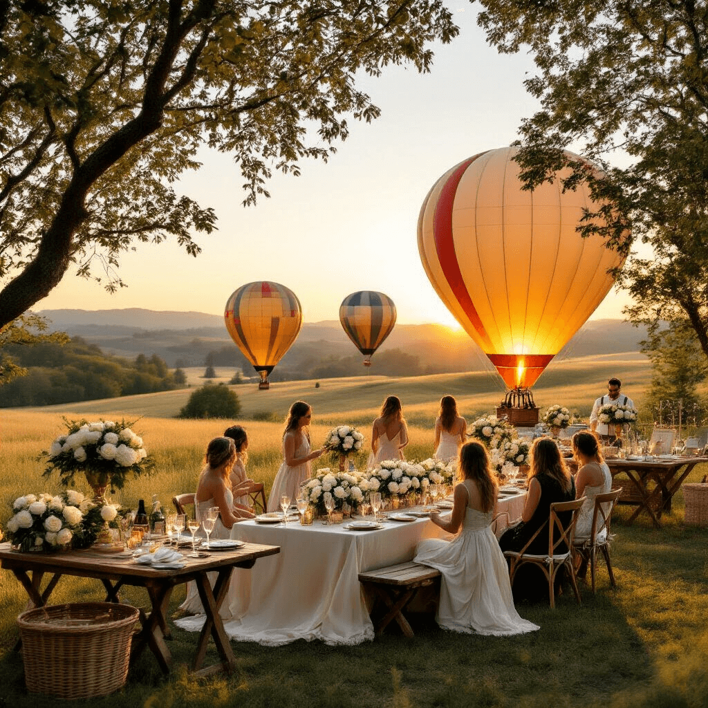Capturing Magical Moments: The Ultimate Guide to Hot Air Balloon Photography Wide-angle view of an elegant outdoor balloon launch event at golden hour, featuring a luxurious picnic setup with ivory silk linens, rustic wooden tables with crystal glassware, white rose centerpieces, and colorful hot air balloons inflating in the background. Guests in flowing dresses gather around champagne stations, with vintage wicker baskets and fairy lights strung between trees casting soft shadows in the warm light.