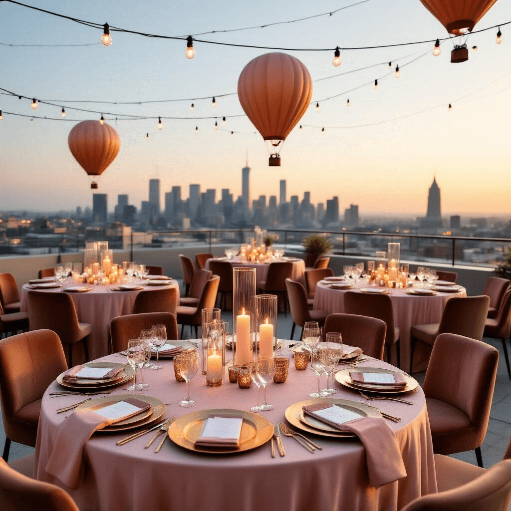 Capturing Magical Moments: The Ultimate Guide to Hot Air Balloon Photography Intimate rooftop terrace celebration at sunset featuring blush pink silk-draped tables, gold charger plates, tall glass vases with floating candles, and miniature balloon centerpieces. A beautiful city skyline is visible in the background, with string lights overhead creating a magical ambiance. The scene includes velvet lounge seating, marble cocktail tables, and personalized balloon-shaped favors scattered throughout.