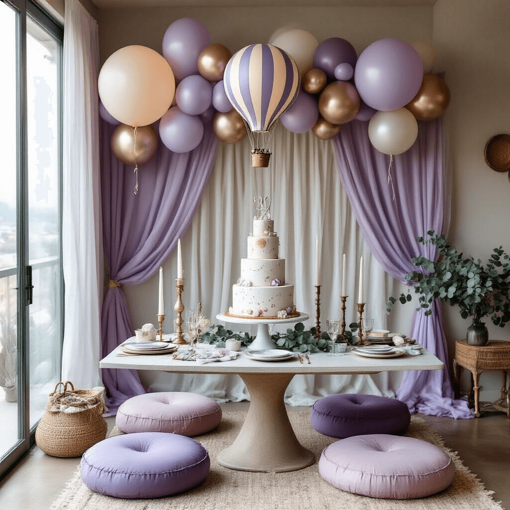 Capturing Magical Moments: The Ultimate Guide to Hot Air Balloon Photography Overhead view of a whimsical balloon-themed party setup in a modern apartment, featuring a low dining table with lavender and silver cushions, a tiered cake with hot air balloon toppers, sheer drapery, scattered metallic balloons, eucalyptus garlands, ceramic plates, and vintage brass candlesticks, all illuminated by soft natural light.