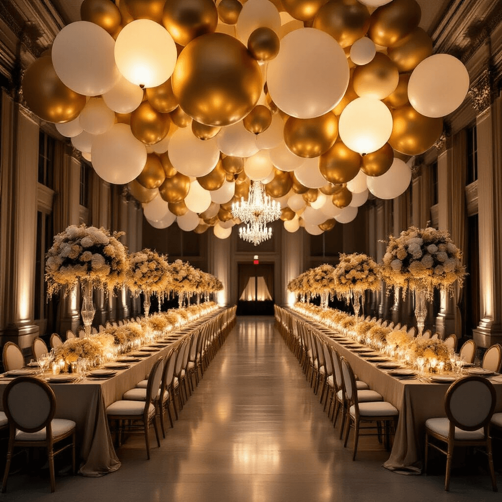 Capturing Magical Moments: The Ultimate Guide to Hot Air Balloon Photography A grand indoor ballroom transformed into a balloon wonderland, featuring oversized gold and ivory paper balloon installations, moody candlelit banquet tables with silk runners, crystal chandeliers, lush floral arrangements mimicking balloon shapes, and rich textures that create an intimate atmosphere.