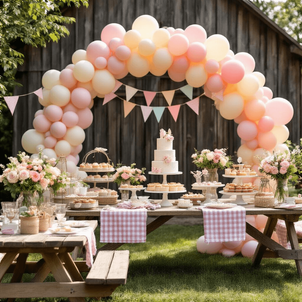 Capturing Magical Moments: The Ultimate Guide to Hot Air Balloon Photography Close-up detail of a rustic backyard birthday celebration featuring a pastel balloon arch in blush pink and cream, a dessert cart with tiered cakes and vintage glassware, wooden picnic tables with gingham linens and mason jar centerpieces, and a vibrant kids area with streamers and DIY photo booth props.