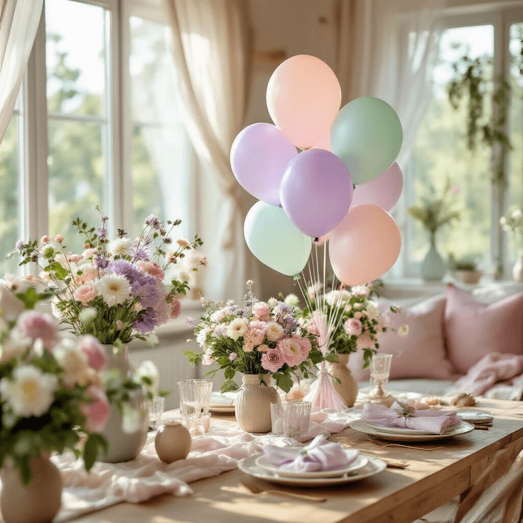 Celebrating 21: The Ultimate Guide to Stunning Birthday Balloon Decor Close-up of a cozy living room with pastel balloons in lavender, mint, and soft pink, arranged at varying heights. Natural sunlight streams through sheer curtains, illuminating wooden surfaces adorned with balloon bouquets and personalized party favors, complemented by fresh florals for a whimsical atmosphere.