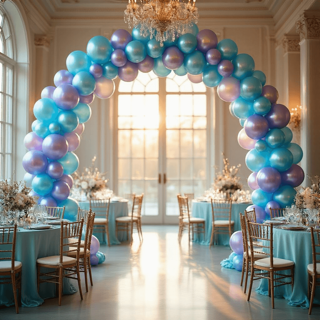 Enchanting Mermaid Balloons: The Ultimate Party Decor Magic Cinematic wide-angle view of an elegant indoor ballroom with a shimmering mermaid balloon arch in ocean blues, purples, and pinks. Golden hour sunlight streams through tall windows, illuminating holographic balloons. Round tables adorned with silk aqua linens and fresh white florals enhance the luxurious underwater fantasy theme.