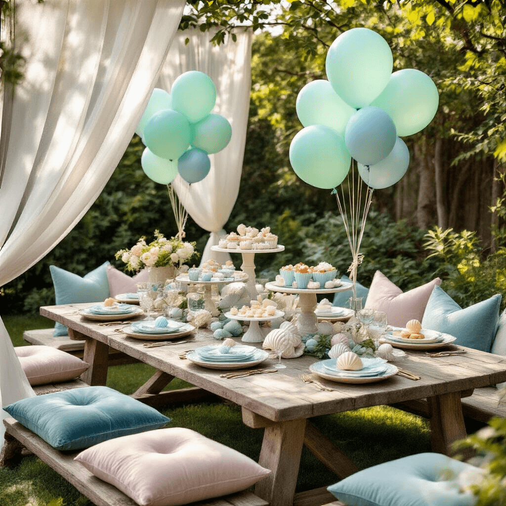 Enchanting Mermaid Balloons: The Ultimate Party Decor Magic Overhead view of a cozy garden party setup with mermaid balloon centerpieces, rustic wooden tables adorned with green and blue latex balloons, sheer drapery, shell-shaped foil balloons, marble cake stands with ocean-themed treats, and whimsical velvet cushions for seating.