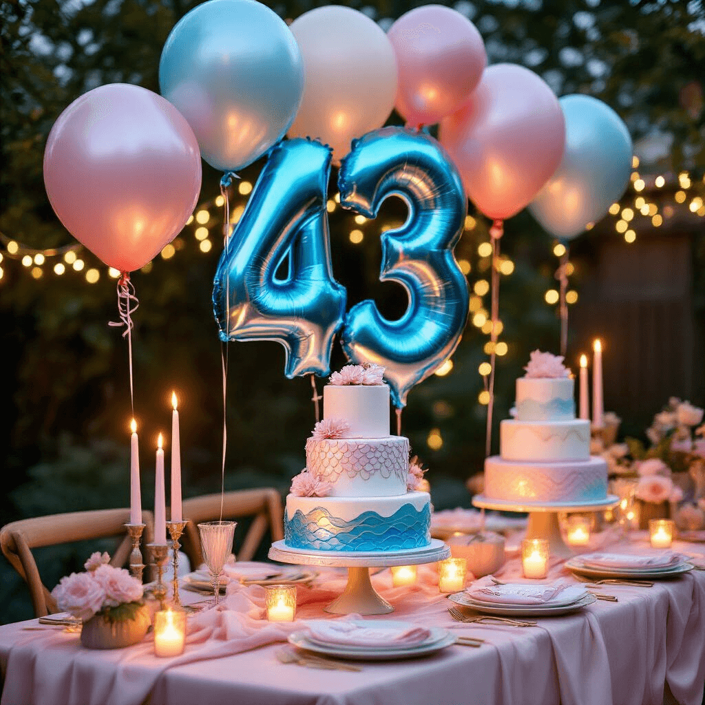 Enchanting Mermaid Balloons: The Ultimate Party Decor Magic Close-up of a stylish backyard birthday celebration featuring 43-inch mermaid tail balloons, candlelit ambiance with fairy lights, a tiered ocean-wave cake display, and elegant blush pink and cream silk table linens.