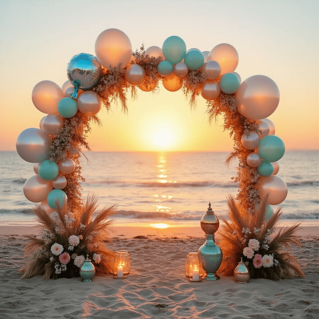 Enchanting Mermaid Balloons: The Ultimate Party Decor Magic A stunning beachfront celebration at golden hour, featuring a mermaid balloon photo backdrop, shimmering holographic balloons, fresh coastal florals, driftwood accents, and seafoam-colored glassware and ceramics, creating a magical atmosphere.