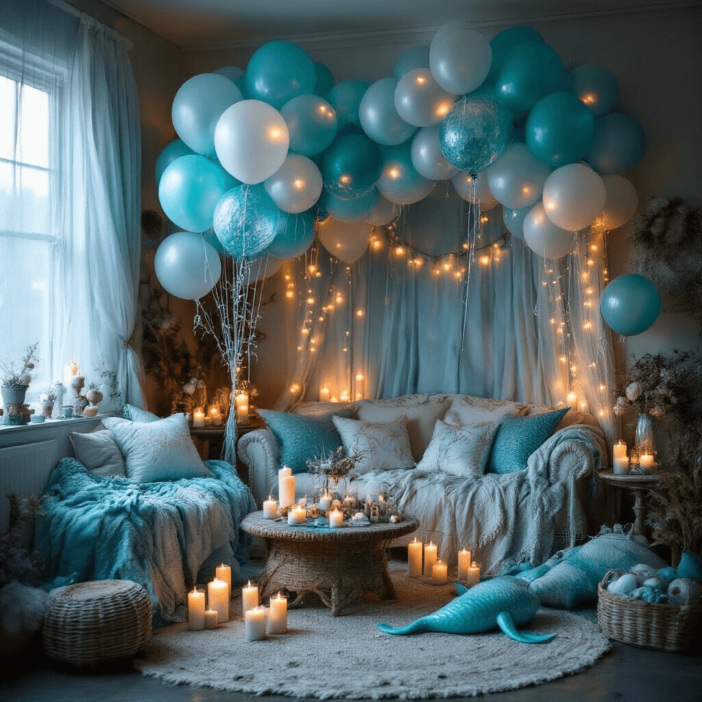 Enchanting Mermaid Balloons: The Ultimate Party Decor Magic Cozy living room transformed into an enchanted underwater realm, featuring fairy-lit mermaid balloon clusters, flickering candles, ocean-inspired textiles, and whimsical decorations for a magical mermaid celebration.