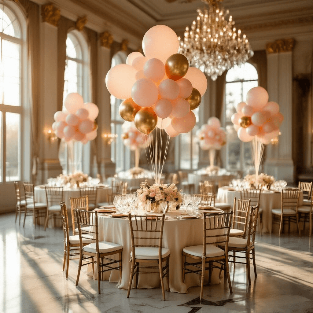 Ultimate Guide to Birthday Helium Balloons: Everything You Need to Know Cinematic wide-angle shot of an elegant indoor ballroom during golden hour, showcasing round tables draped in silk ivory linens, adorned with towering helium balloon bouquets in blush pink and gold, and floating foil number balloons above sparkling crystal centerpieces, with natural sunlight illuminating the marble floors and ornate chandeliers.