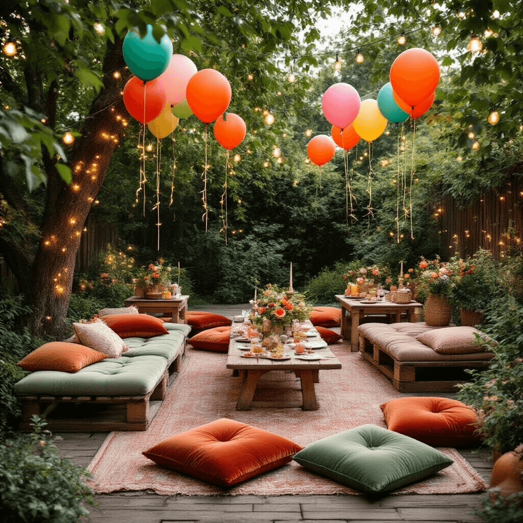 Ultimate Guide to Birthday Helium Balloons: Everything You Need to Know Overhead view of a whimsical garden party with low rustic wooden tables, character-themed helium balloons in bright colors, terracotta and sage velvet floor cushions, and twinkling fairy lights among leafy trees in soft evening light.