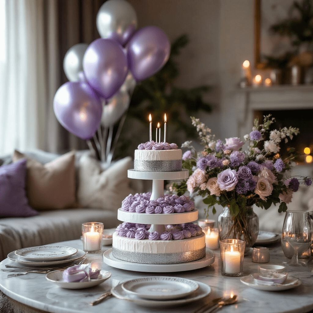 Ultimate Guide to Birthday Helium Balloons: Everything You Need to Know Close-up of a cozy living room birthday display with a tiered cake stand, lavender and silver metallic foil balloons, sheer drapery, candlelit ambiance, personalized party favors, ceramic plates, and fresh floral arrangements on marble surfaces with textured linens.