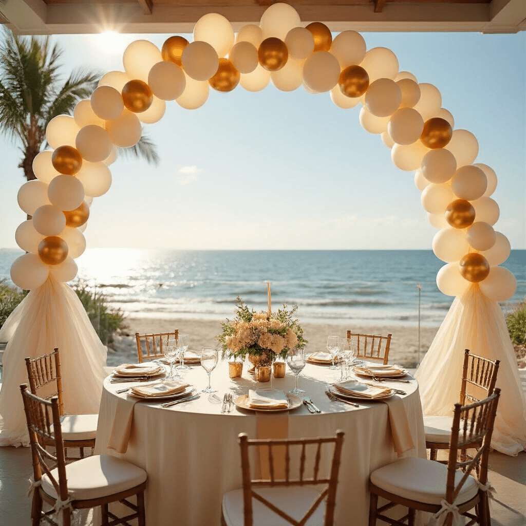 Ultimate Guide to Birthday Helium Balloons: Everything You Need to Know A wide-angle beachfront terrace adorned with cream and gold helium balloon arches framing ocean views, featuring round tables with silk linens and elegant centerpieces, glassware reflecting sunlight, and balloon weights holding floating decorations against a coastal backdrop.