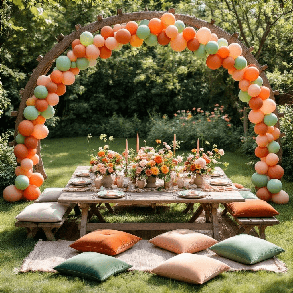 How to Tie Balloons Together: A Complete Guide for Perfect Party Decorations Overhead view of a whimsical garden party setup featuring terracotta and sage balloon garlands woven through rustic wooden arches, low picnic tables adorned with balloon clusters as centerpieces, surrounded by velvet cushions on grass, and fresh florals complementing the decor under bright sunlight.