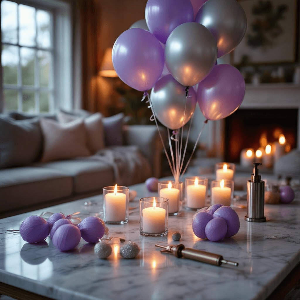 How to Tie Balloons Together: A Complete Guide for Perfect Party Decorations Cinematic close-up of a cozy living room celebrating with candlelight and lavender-silver balloon clusters, featuring artfully arranged tying tools and a balloon pump on marble countertops, all illuminated in moody lighting.