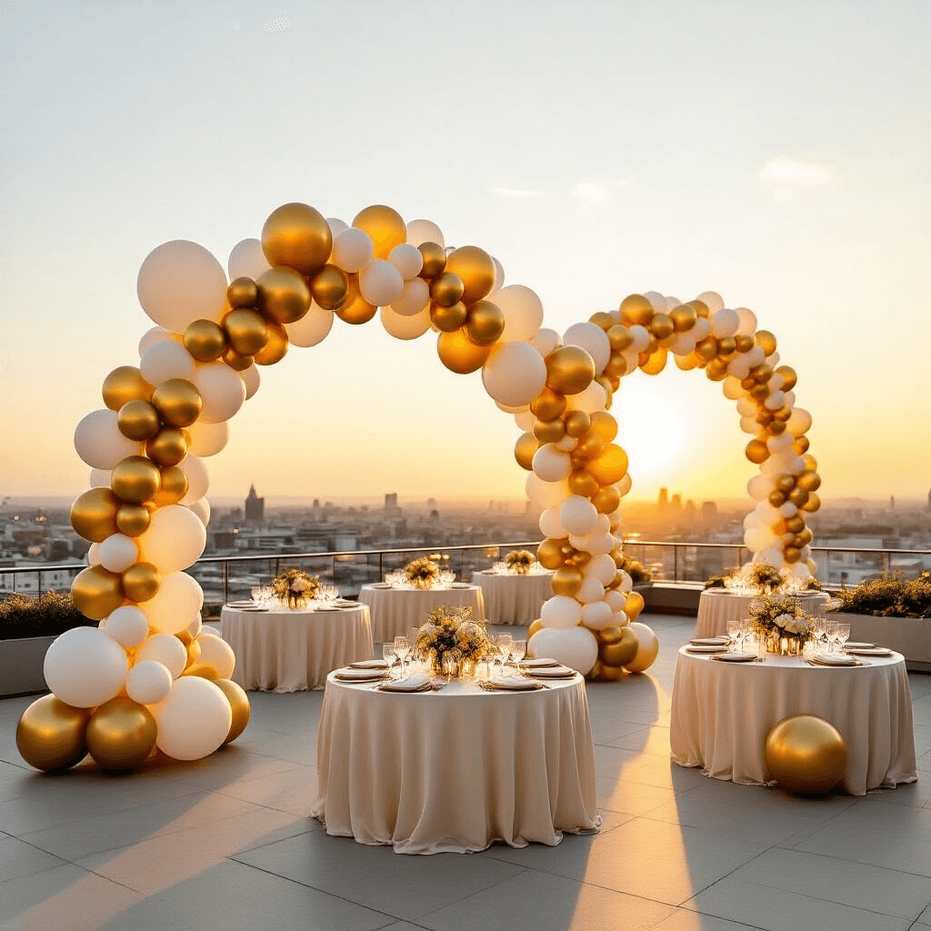 How to Tie Balloons Together: A Complete Guide for Perfect Party Decorations Modern rooftop terrace at golden hour, adorned with elegant gold and ivory balloon garlands, round tables with silk linens, and floating helium balloons against a cityscape backdrop, showcasing gradient effects and warm ambient lighting.