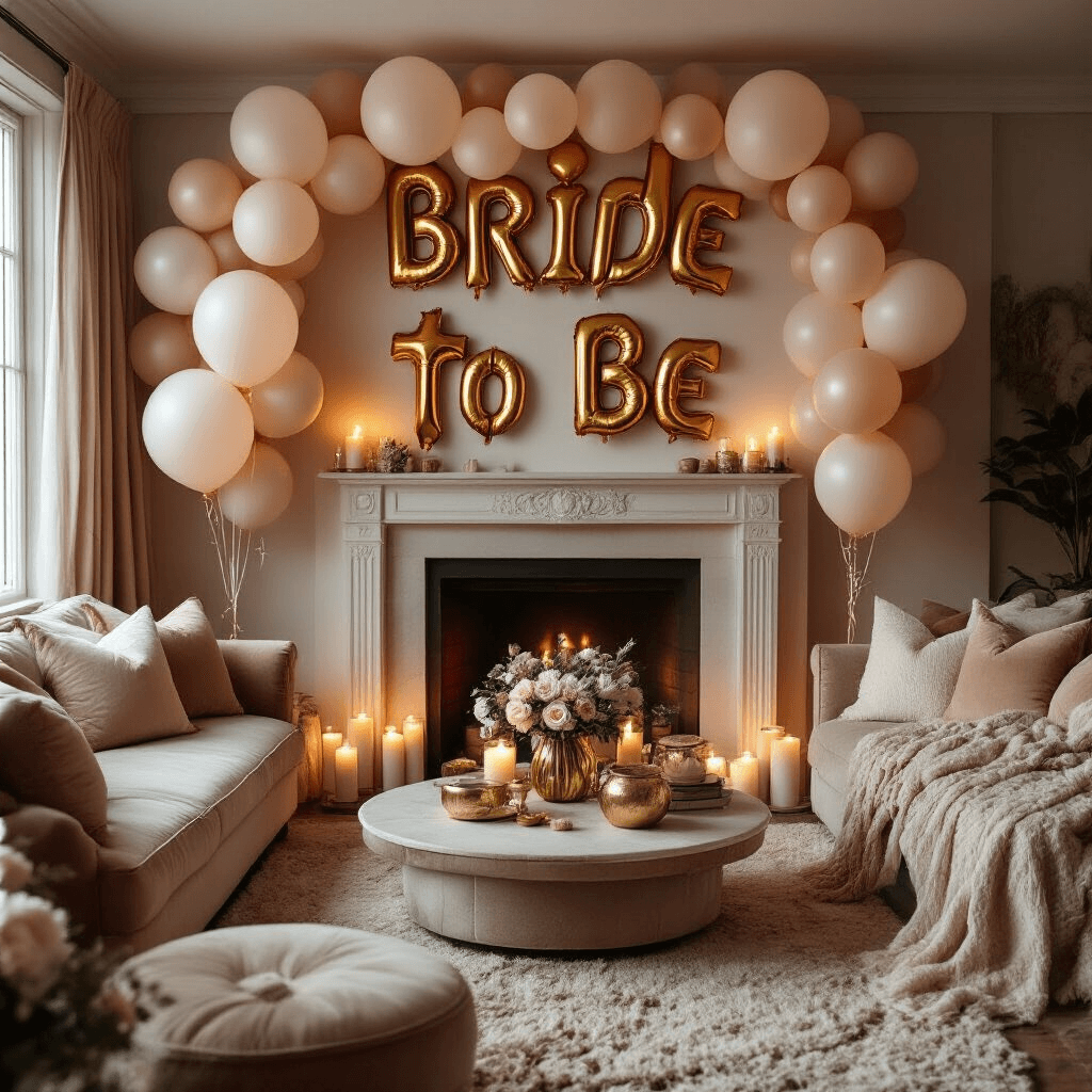 Bride to Be Balloons: The Ultimate Party Decoration Guide Cozy living room featuring 'Bride to Be' balloons as a focal display, warm amber lighting, plush velvet cushions, gold-rimmed ceramics, fresh flowers, and layered textiles in cream and blush tones, creating an intimate atmosphere.