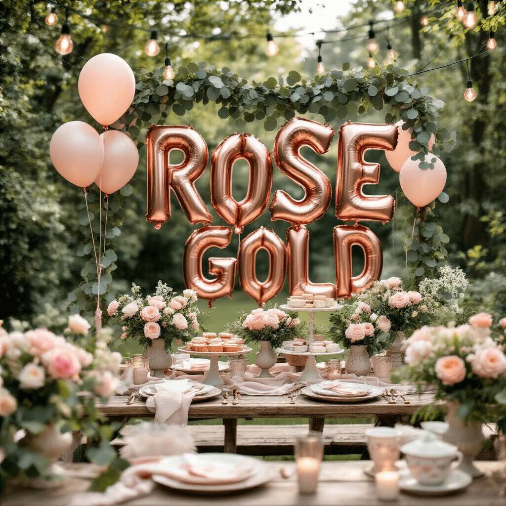 Letter Balloons: The Ultimate Party Decor Secret Weapon Intimate garden party setup with rose gold letter balloons as a backdrop, featuring rustic wooden picnic tables adorned with blush pink and cream colors, vintage ceramic plates, and soft morning light filtering through string lights entwined with eucalyptus garlands, complemented by fresh peonies and baby's breath.