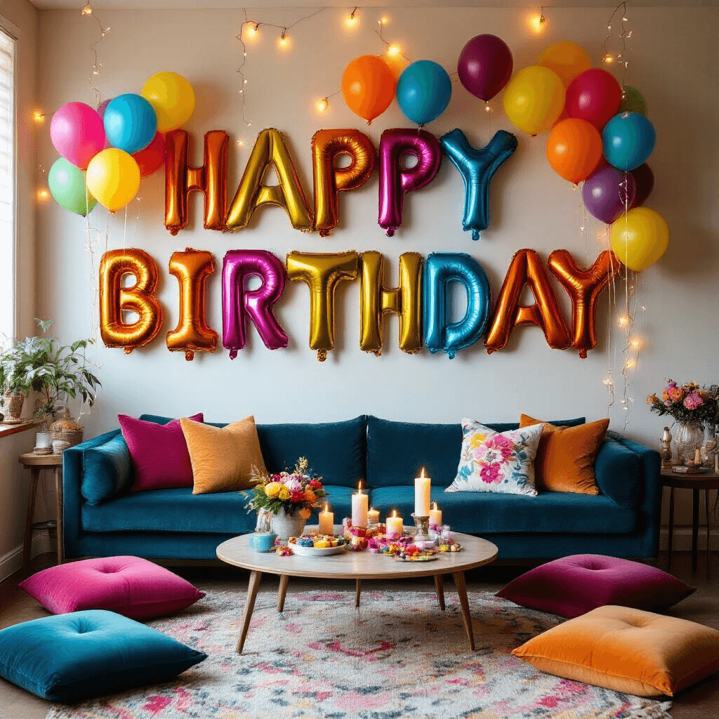 Letter Balloons: The Ultimate Party Decor Secret Weapon Cozy living room setup for a birthday celebration featuring vibrant multi-colored balloons, velvet floor cushions, a low coffee table, fairy lights, custom party favors, and playful streamers, all creating an intimate atmosphere.