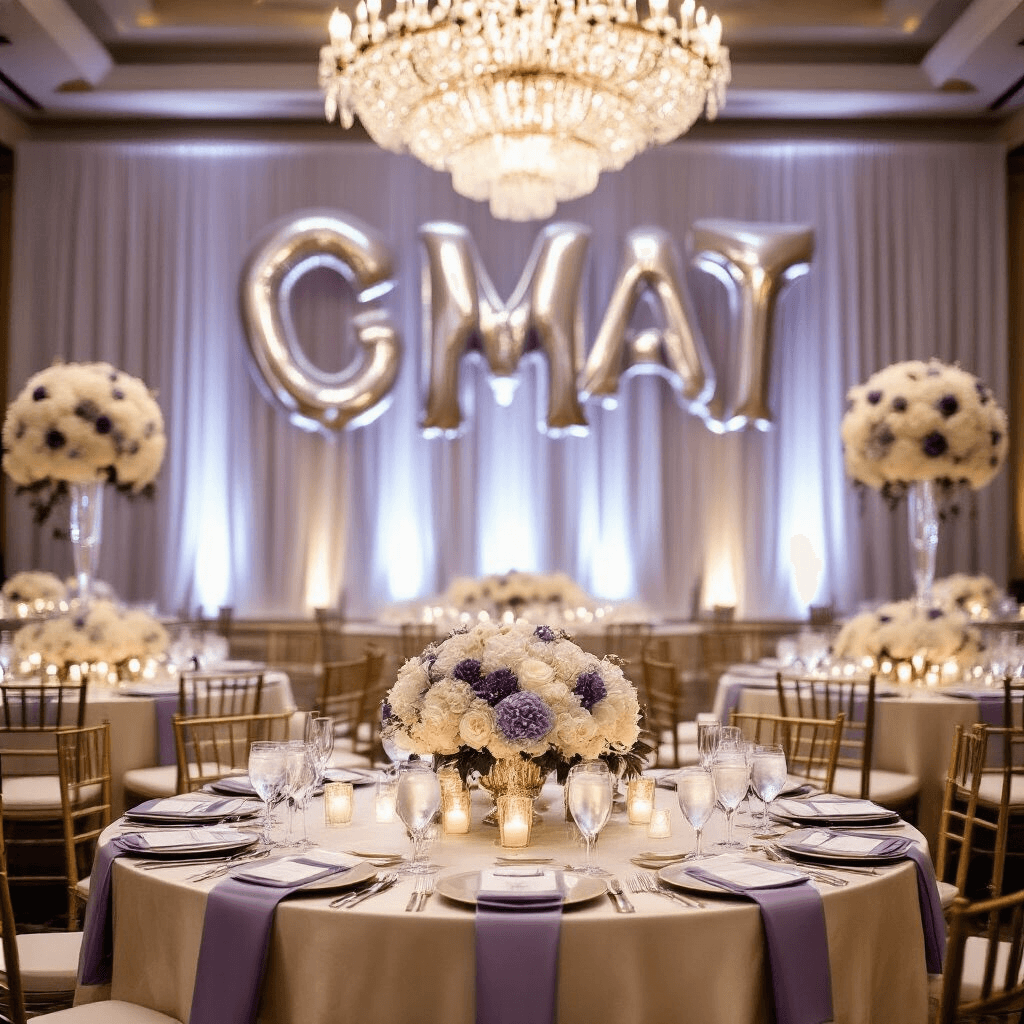 Letter Balloons: The Ultimate Party Decor Secret Weapon Elegant ballroom wedding reception with silver letter balloons as a backdrop, featuring round tables draped in champagne silk linens, gold-rimmed glassware, and tall white floral centerpieces, all illuminated by soft ambient lighting from crystal chandeliers, complemented by lavender and silver accents in place settings and chair styling.