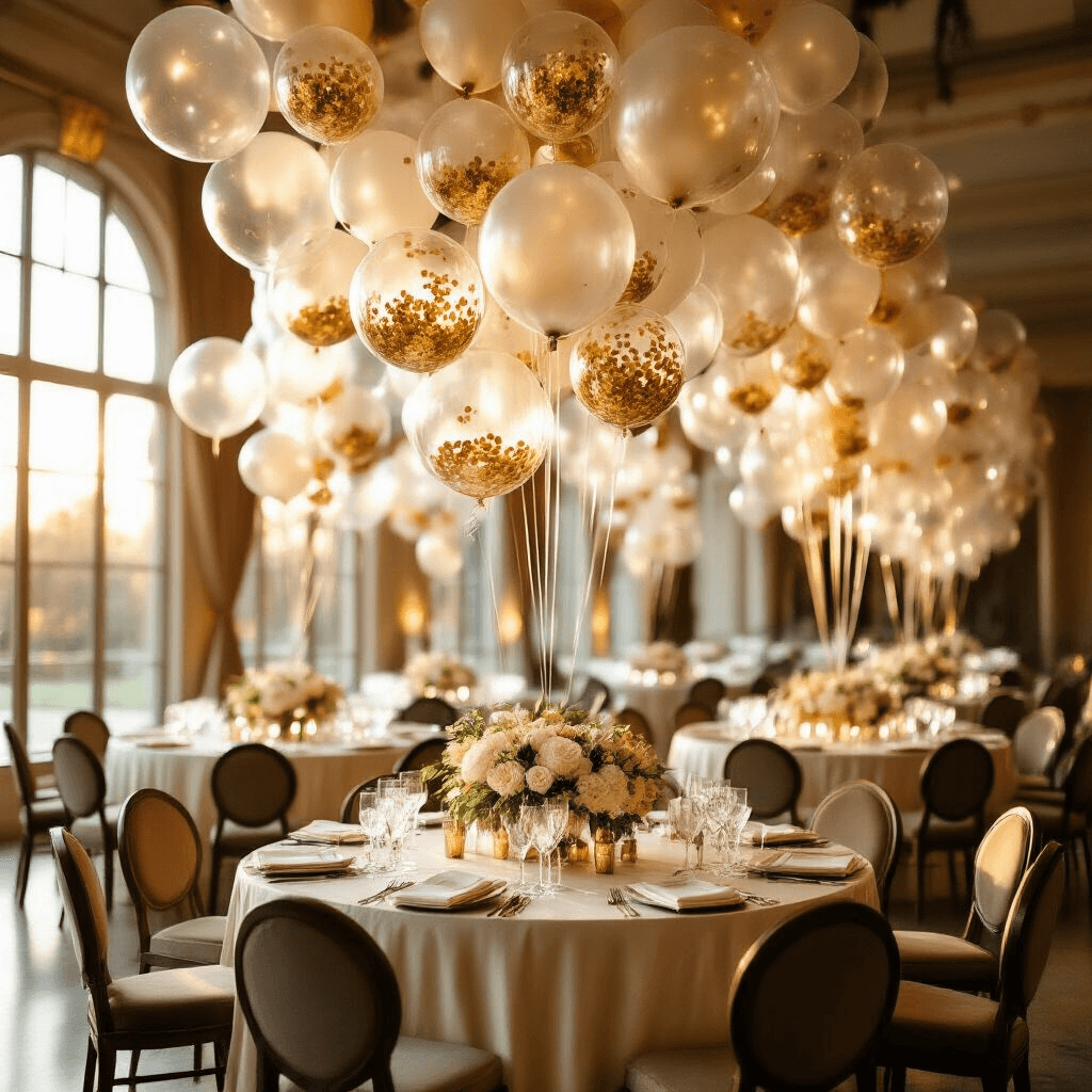 Transparent Balloons: The Ultimate Guide to Modern, Magical Event Styling Wide-angle shot of an elegant indoor ballroom at golden hour, featuring clusters of transparent balloons with gold confetti, ivory silk-draped tables, crystal centerpieces, and sunlight streaming through tall windows, highlighting luxurious velvet chairs and floral arrangements.