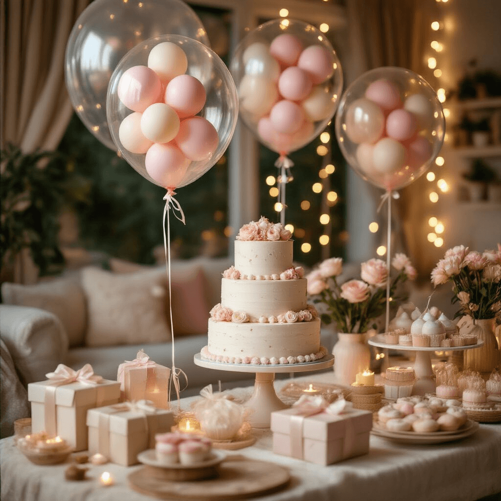 Transparent Balloons: The Ultimate Guide to Modern, Magical Event Styling Cinematic close-up of a whimsical birthday party setup featuring transparent balloons with smaller pastel balloons, a tiered cake display, layered textiles, custom party favors, and soft ambient lighting from fairy lights in a cozy living room.