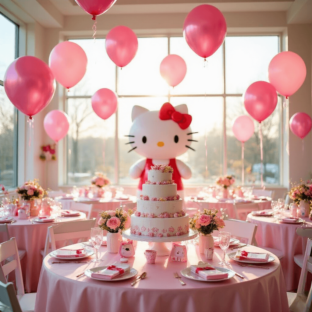 Hello Kitty Balloons: The Ultimate Party Decoration Guide A bright indoor birthday party venue featuring Hello Kitty foil balloons, pastel pink silk table linens, character-shaped giant balloons, and an elegant tiered cake display with floral arrangements, all bathed in morning sunlight.