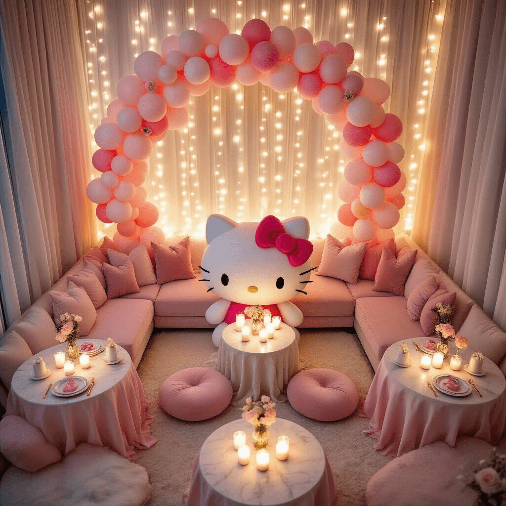 Hello Kitty Balloons: The Ultimate Party Decoration Guide Cinematic overhead view of a cozy living room transformed into a Hello Kitty wonderland, featuring soft candlelight, fairy lights, plush velvet cushions, and pastel table settings with a balloon garland centerpiece.