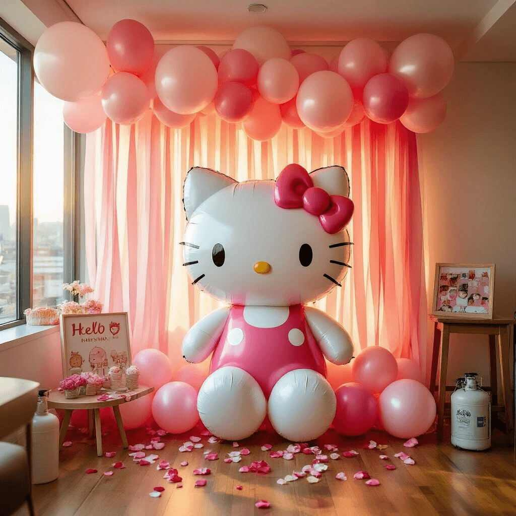 Hello Kitty Balloons: The Ultimate Party Decoration Guide Close-up of a vibrant Hello Kitty balloon photo booth corner in a modern apartment, featuring large character balloons, cascading silk streamers, scattered rose petals on a wooden floor, and visible balloon pump accessories, all bathed in warm golden hour light.