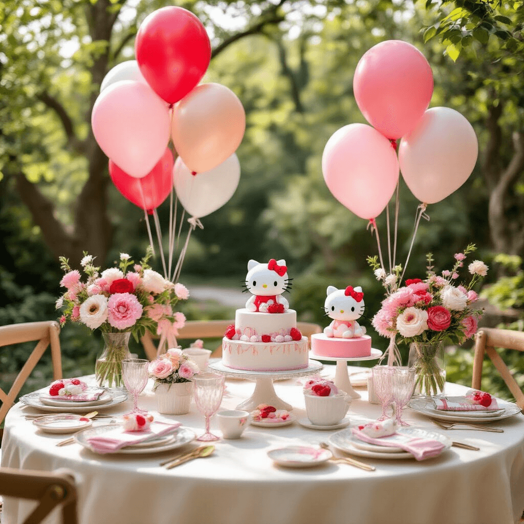 Hello Kitty Balloons: The Ultimate Party Decoration Guide A whimsical Hello Kitty-themed tablescape in a charming backyard garden, featuring round tables dressed in cream linens, accented by balloon centerpieces in pink and pastel hues, vibrant floral arrangements, and elegant glassware, all bathed in soft morning light.