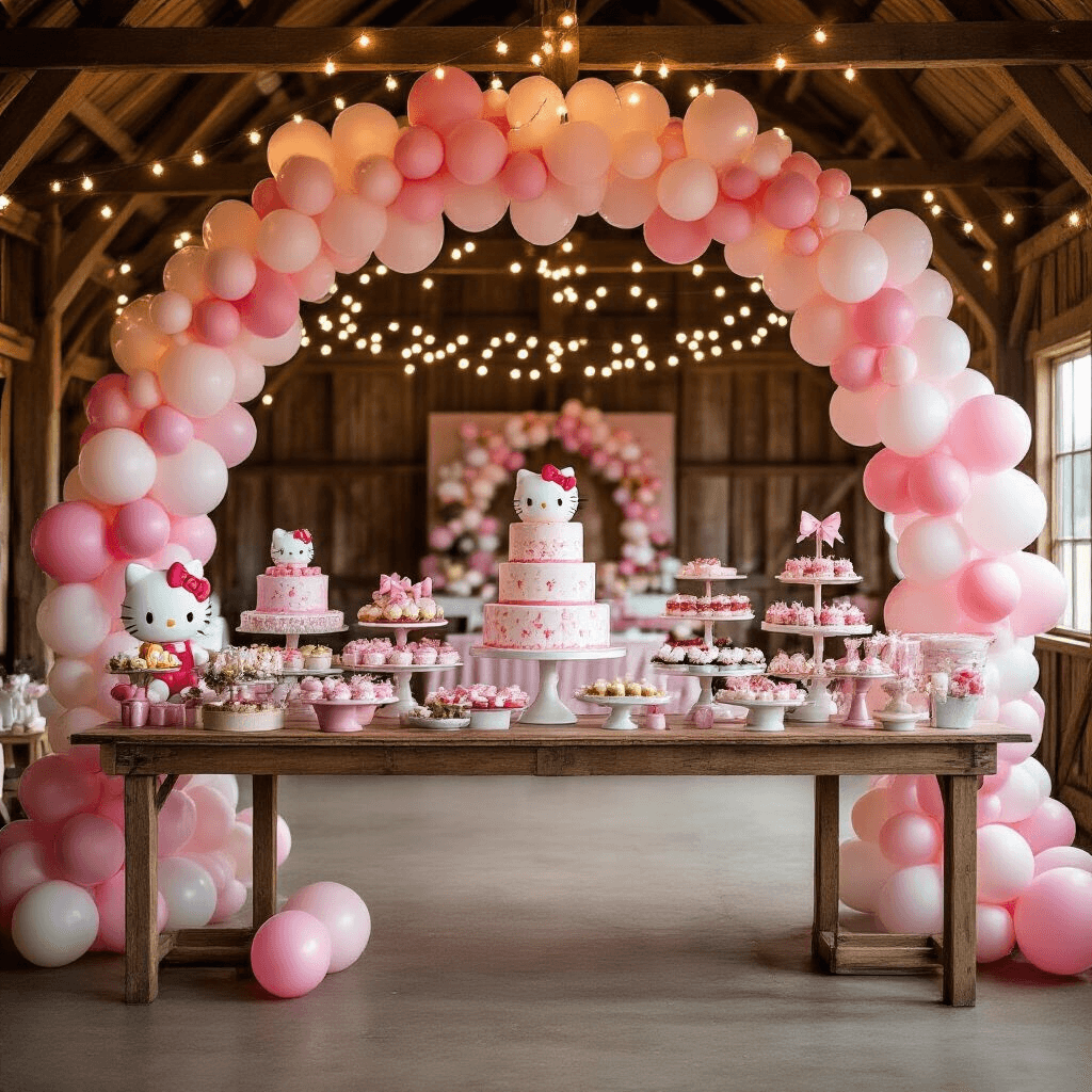 Hello Kitty Balloons: The Ultimate Party Decoration Guide Wide shot of a festive Hello Kitty celebration in a rustic barn, featuring fairy lights overhead, balloon arches, dessert carts, and tiered birthday cake stations adorned with soft pink decorations, all under wooden beams in a playful yet luxe minimal style.