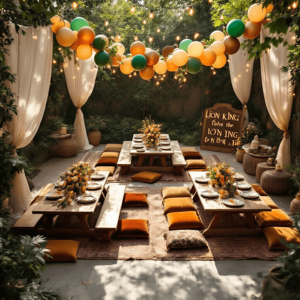 Ultimate Guide to Lion King Balloons: Transform Your Party Magic Overhead view of a chic backyard celebration featuring low picnic tables, velvet floor cushions in earth tones, twinkling fairy lights, and balloon garlands. Sheer drapery allows natural sunlight to illuminate marble serving platters and ceramic dishware, with layered animal print textiles and floral arrangements complementing personalized Lion King signage.