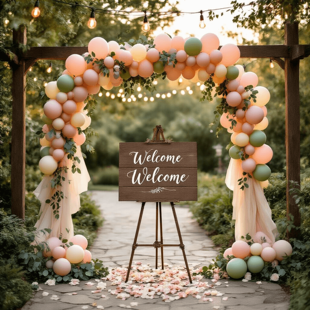 Welcome Sign with Balloons: The Ultimate Guide to Stunning Event Decor Outdoor garden wedding entrance with a rustic wooden welcome sign, adorned with blush pink, cream, and sage green balloon garland, under golden hour lighting. A vintage brass easel displays a calligraphy sign, surrounded by ivory linens, scattered rose petals on a stone pathway, and string lights overhead casting a warm glow on eucalyptus greenery and silk ribbons.