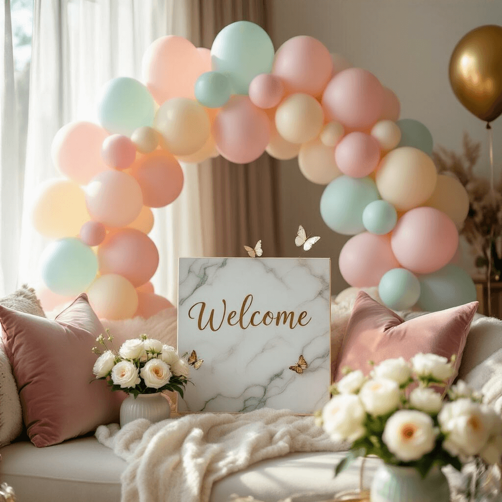 Welcome Sign with Balloons: The Ultimate Guide to Stunning Event Decor A cozy living room featuring a whimsical baby shower welcome display, with pastel rainbow balloon clusters, a marble acrylic sign, velvet blush cushions, sheer white drapery, butterfly decorations, gold foil balloons, and fresh white peonies in ceramic vases, all illuminated by soft morning light.