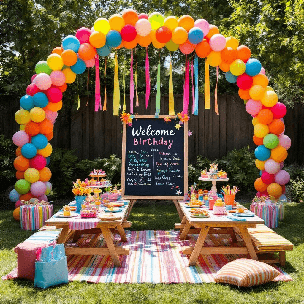 Welcome Sign with Balloons: The Ultimate Guide to Stunning Event Decor Overhead view of a colorful children's birthday party in a backyard, featuring a balloon garland arch, chalkboard welcome sign, picnic-style tables with striped linens, rainbow streamers, DIY paper flowers, neon party favor bags, and cupcake stands, all illuminated by cheerful midday sunlight.