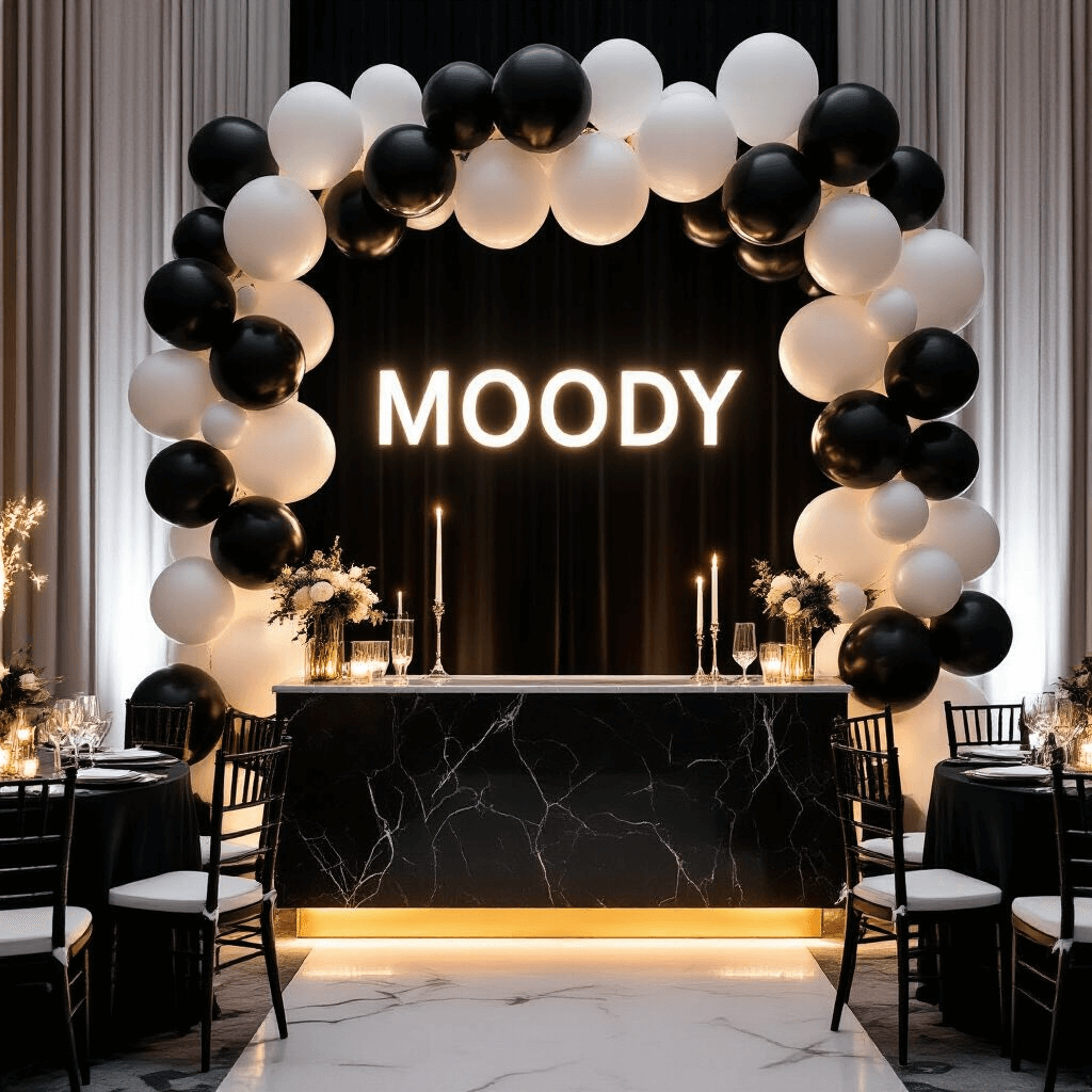Welcome Sign with Balloons: The Ultimate Guide to Stunning Event Decor A sophisticated corporate event entrance in a modern ballroom, featuring monochrome black, white, and metallic gold balloon installations framing LED signage, marble countertops with ambient uplighting, crystal glassware, minimalist floral arrangements, fairy lights, silk table runners, and elegant chair covers for a professional luxe atmosphere.