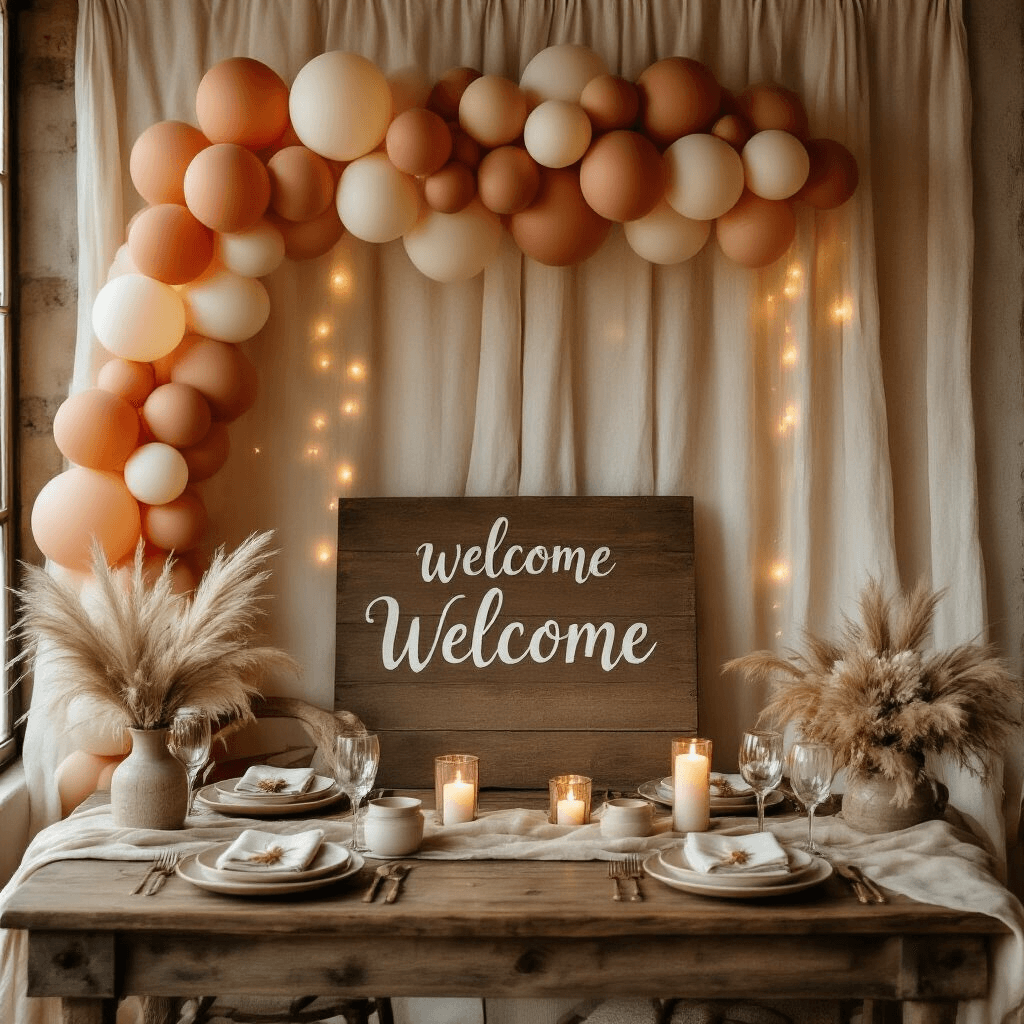 Welcome Sign with Balloons: The Ultimate Guide to Stunning Event Decor Intimate anniversary dining nook adorned with a terracotta and cream balloon garland, vintage wooden welcome sign, fairy lights, layered textiles, ceramic place settings, dried pampas grass, candle groupings on a rustic wood table, and a warm golden light backdrop.